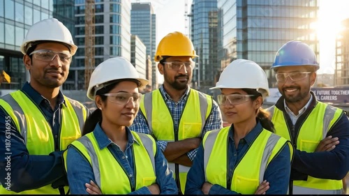 Confident and Diverse Group of Construction Professionals Wearing Safety Gear at Urban Site, Smiling Together at Modern Building Location