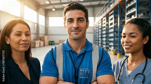 Confident Executive and Professional Team in Warehouse Showcasing Teamwork, Diversity, and Collaboration with Smiling Faces