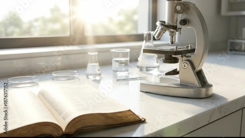 Open Book and Microscope on Sunlit Laboratory Table Journey of Curiosity, Discovery, and Science in Serene Atmosphere