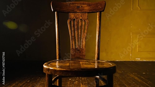 A singular wooden chair is illuminated in a dimly lit space, standing center stage on a wood floor
