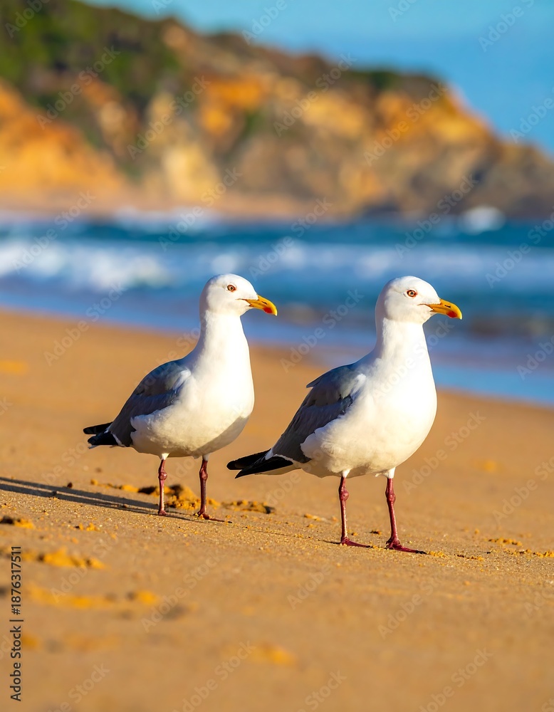 Obraz premium Two white seagulls standing on a sandy beach