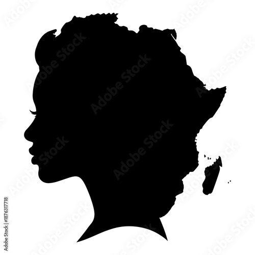 Silhouette profile of african woman's head merging with continent shape