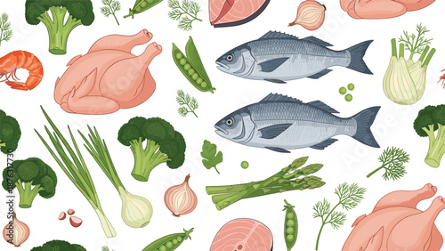 Healthy food seamless pattern with raw chicken, fish, and fresh green vegetables like broccoli, asparagus, and scallions.