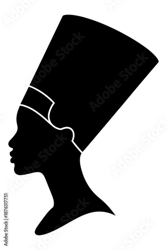 Iconic silhouette portrait of Egyptian queen Nefertiti wearing her tall blue crown