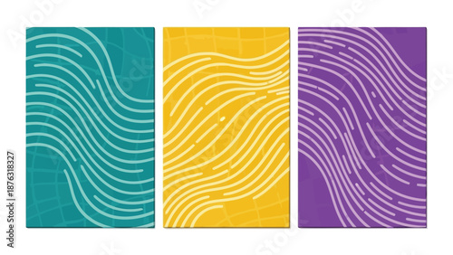 Abstract triptych with wavy lines in teal yellow and purple hues