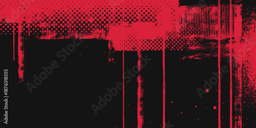 Urban punk background with neon red paint brushes, splatter effect. Vector realistic illustration of black street wall with grunge color texture, halftone dots, distress scratches, rough lines