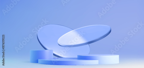 Round podiums with glass morphism design elements on light blue background. Vector realistic illustration of different height platforms for beauty product or sale presentation, elegant showroom