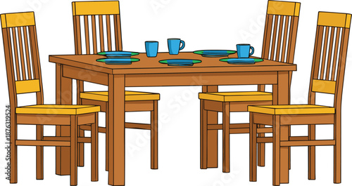 Wooden dining table with chairs and tableware vector illustration of home kitchen furniture set isolated on white background