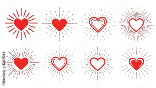 Collection of vibrant red hearts with radiating lines various styles displayed