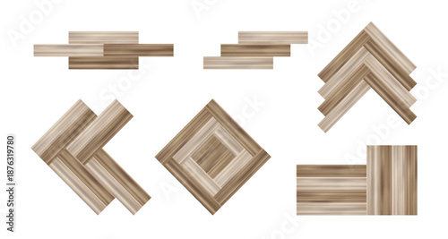 Parquet flooring planks set isolated on white background. Vector realistic illustration of wooden or veneer material for vintage floor design, natural light brown laminate for interior decoration