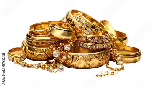 A radiant pile of golden rings, bracelets and chains, some with sparkling gems