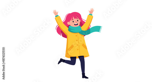 Happy young girl with pink hair wearing a bright yellow coat and teal scarf jumping with joy in an enthusiastic cartoon style.