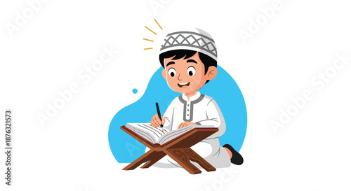 Young Muslim boy wearing a traditional kufi sitting on the floor while reading the holy Quran placed on a wooden book stand.