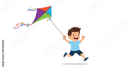 Happy young boy running and flying a colorful diamond shaped kite on a long string against a white background.