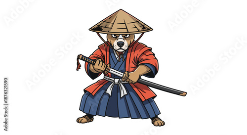 Anthropomorphic brown dog character dressed as a brave samurai in traditional Japanese clothing wielding a sharp steel katana.