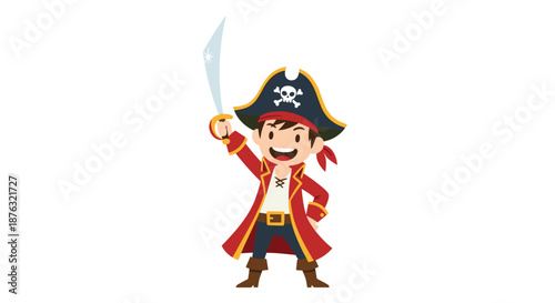 Young boy dressed up in a pirate costume with a hat and a silver sword posing triumphantly in an adventurous cartoon style.