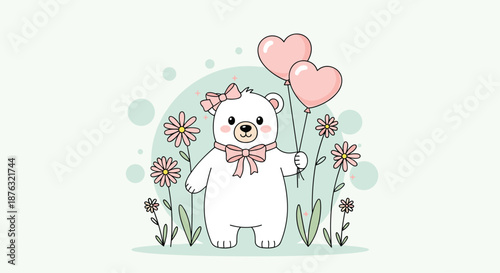 Adorable white polar bear wearing a pink bow and holding heart shaped balloons while standing in a meadow filled with pink flowers and green grass.