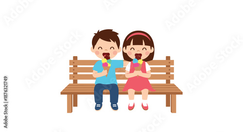 Young boy and girl sitting together on a wooden park bench while enjoying multi colored ice cream cones with big smiles and happy expressions.