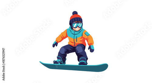 Brave young boy wearing a bright orange jacket and blue snow gear performs a cool jump while snowboarding on a snowy mountain slope.