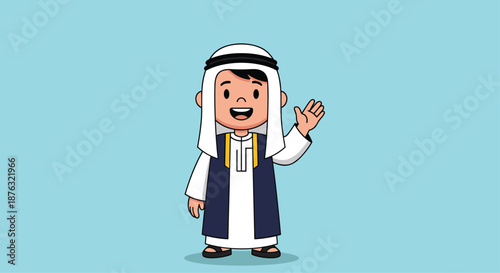 Friendly young Arabian boy wearing a traditional thobe and ghutra waves hello with a happy expression on a light blue background.