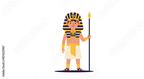 Child dressed as an ancient Egyptian pharaoh wearing a striped nemes headdress and holding a long spear in a regal pose.