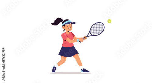 Determined young girl with a ponytail wearing a red sports shirt and blue skirt prepares to hit a yellow ball with her tennis racket.