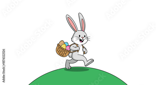 Cute Easter bunny runs happily across a green grassy hill while carrying a wicker basket filled with colorful eggs.
