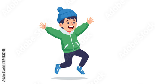 Energetic young boy in a green winter jacket and blue hat jumps high in the air with a wide smile and open arms.