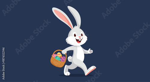 Grey Easter bunny walks cheerfully while carrying a wicker basket filled with decorated colorful eggs on a blue backdrop.
