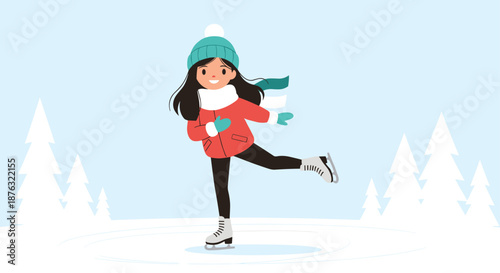 Young girl wearing a red winter coat and teal hat glides gracefully across an ice rink with snowy pine trees behind.