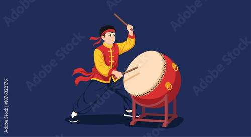 Performer in traditional red and yellow Chinese attire plays a large red drum with sticks on a dark blue background.