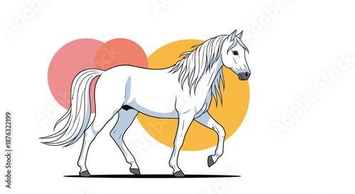 Majestic white horse with a long flowing mane and tail walks gracefully in front of abstract pink and yellow circles.
