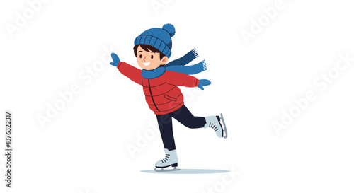 Energetic boy in a red puffer jacket and blue hat glides skillfully on ice skates during a cold winter day outdoors.