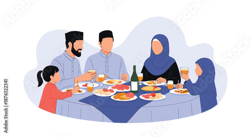 Traditional Muslim family including father mother and children share a meal together at a large round dining table.