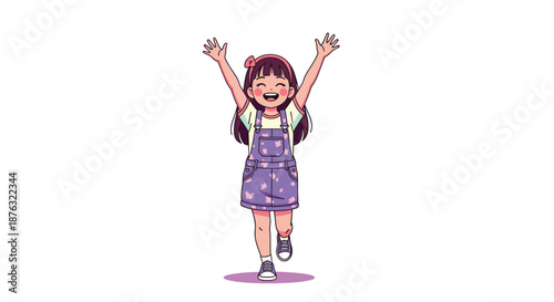 Cheerful young girl wearing purple floral overalls and a pink headband jumps with arms raised in pure happiness.
