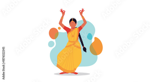 Beautiful Indian woman in a traditional yellow and red saree performs a classical dance on an abstract background.