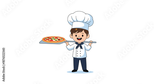 Proud young boy dressed as a chef in a white toque and uniform holds a delicious pizza on a metal baking peel tool.