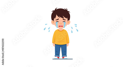 Sad little boy crying with tears streaming down his face wearing a yellow shirt and blue pants in a flat vector illustration style.