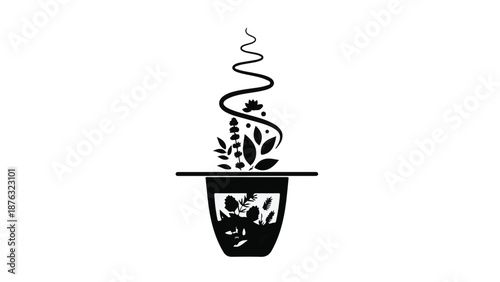 Aromatic herbs and spices rise from a pot, creating a swirling vapor with natural elements.