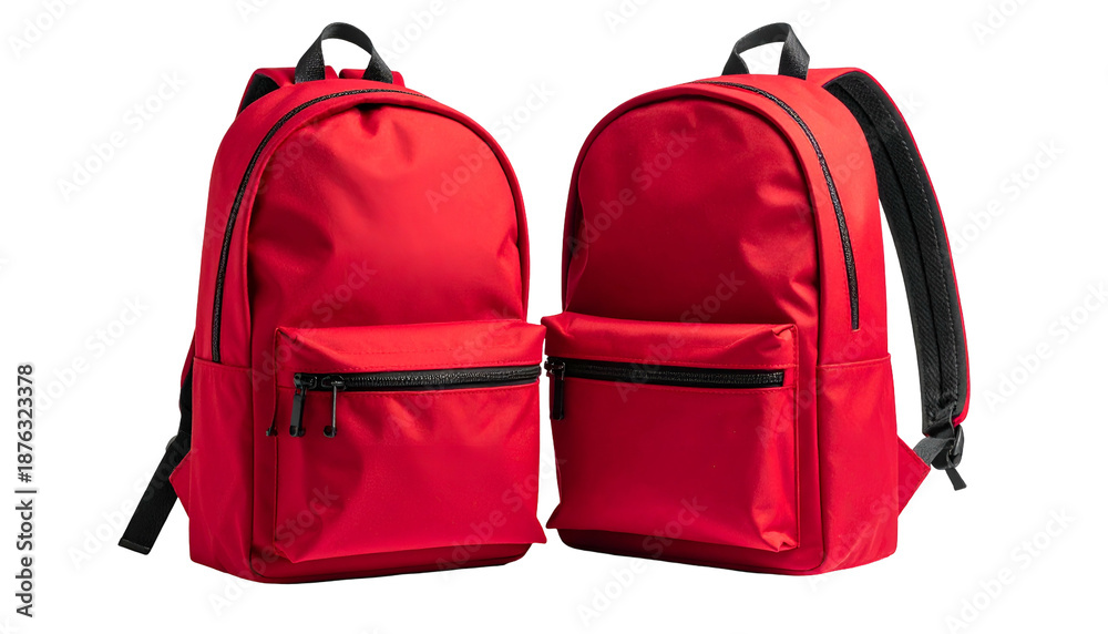 Fototapeta premium Two identical red backpacks with black accents, front pockets, and padded shoulder straps