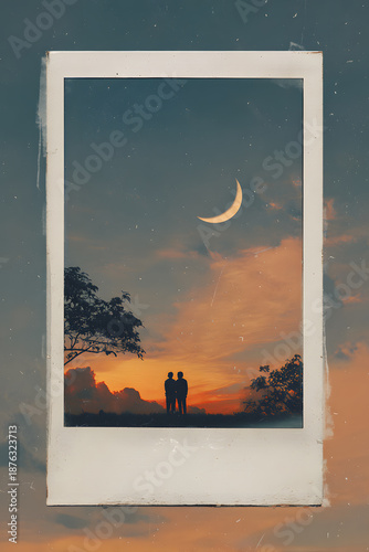 Polaroid Frame Sunset Moon Landscape Silhouette Person Tree Nature Sky Evening Travel Memory Photography Retro Border