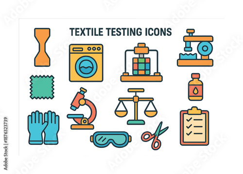 Textile testing tools and equipment icons set for fabric quality analysis