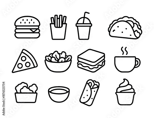 Assorted fast food icons: burger, fries, drink, taco, pizza, salad, sandwich, coffee, ice cream