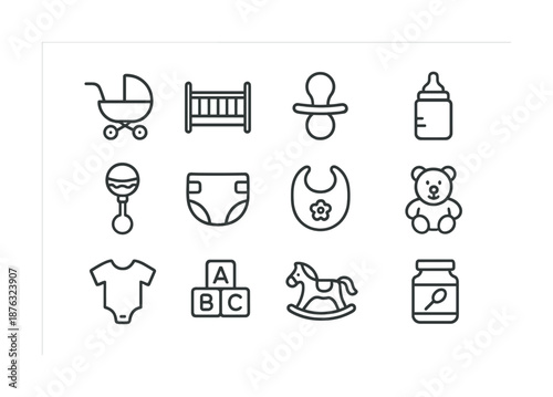 Baby essentials: stroller, crib, pacifier, bottle, rattle, diaper, bib, teddy, onesie, blocks, rocking horse, baby food jar