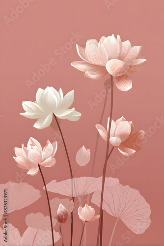 Elegant Pink Lotus Flower Illustration Blossom Plant Leaf Nature Background Botanical Art Floral Design Wall Decor