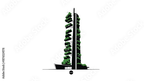 Sleek modern skyscraper integrated with lush vertical gardens, symbolizing sustainable urban architecture.