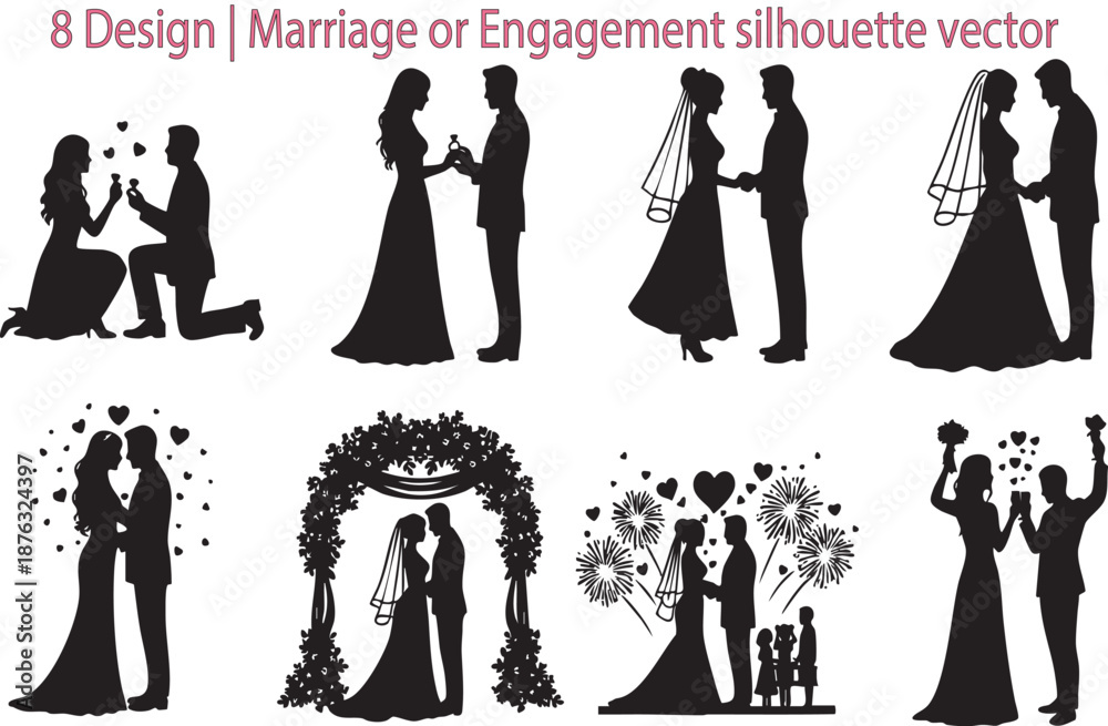 Fototapeta premium Silhouette vector of romantic couples in elegant wedding or engagement scenes with proposal love