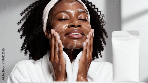 Radiant African American Woman Cleansing Face with Foaming Wash Wearing White Robe And Headband in Serene Lighted