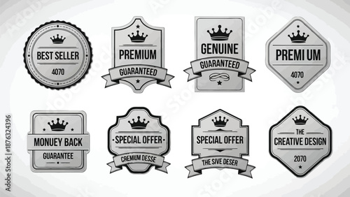 Selection of vintage style silver badges with quality and guarantee labels