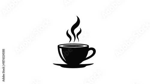 Steaming cup of hot coffee on a saucer, simple and inviting black silhouette.